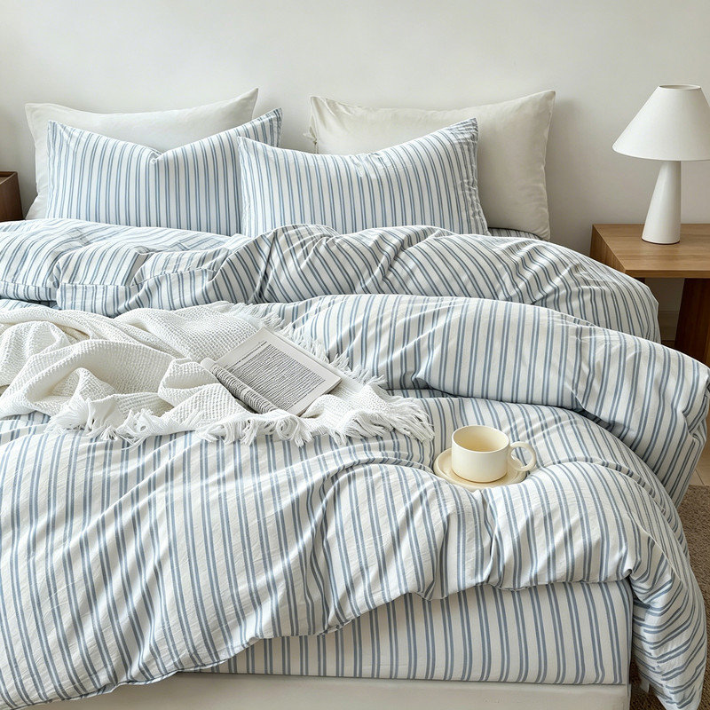 Ensemble de housse de couette en coton lavé rayé 100% coton, White/Blue Striped, Twin Duvet Cover + 2 Pillowcases