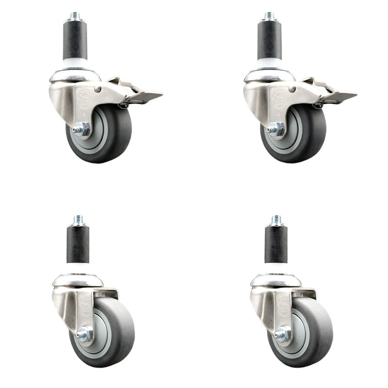 Thermoplastic Rubber Swivel Stem Caster Set with 2 Lock Brake, 3" H x 3" W