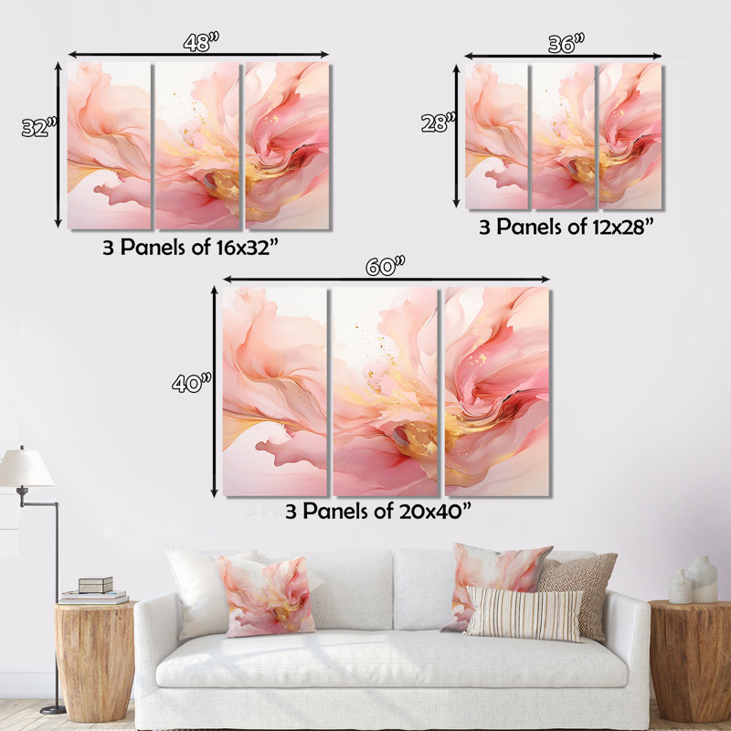 «Tender Liquide Vintage Pink Gold Waves II», ensemble de reproductions d'art sur toile abstraites, H 40 po x l 60 po x P 1 po