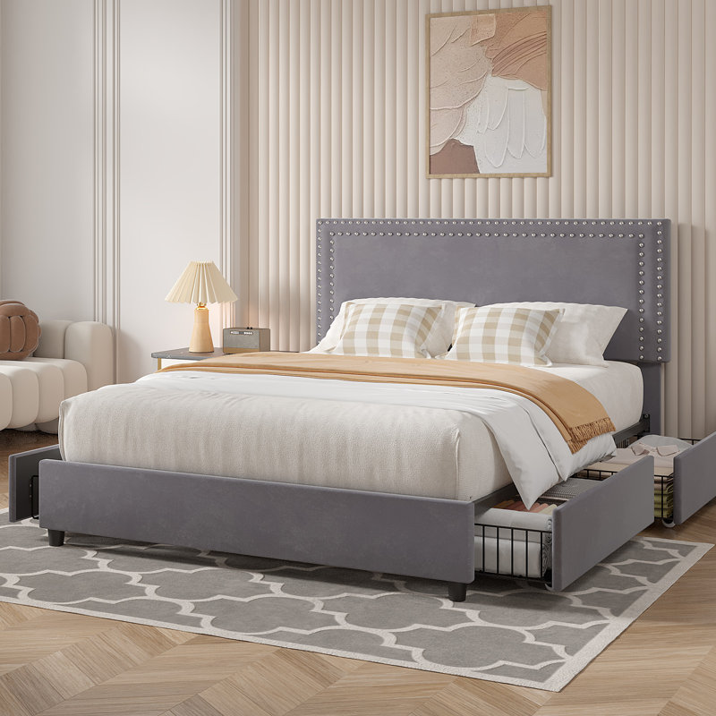 Full Size Bed with Storage Drawers Upholstered Platform Bed Adjustable with Nailhead Trim Headboard Wooden Slats Support Bed Frame