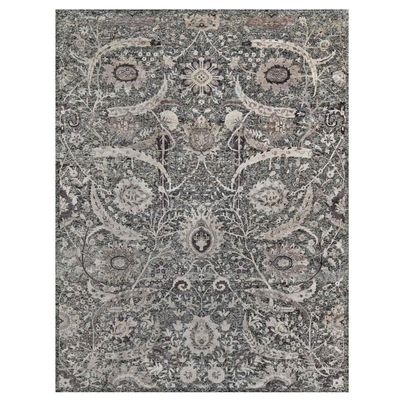 Tapis surdimensionné en laine et en soie noué à la main brun paillis 11 pi 8 po x 14 pi 11 po
