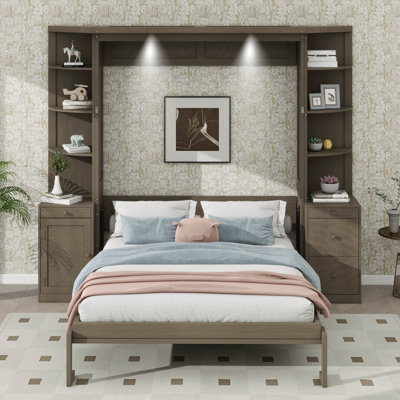 Grand lit escamotable avec bureau intégré, tablettes de rangement et armoires