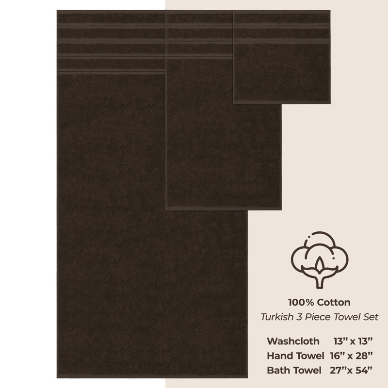 100% Cotton 3 Piece Turkish Bath Towel Set,  Super Soft and Absorbent Darcelle Collection, Chocolate Brown