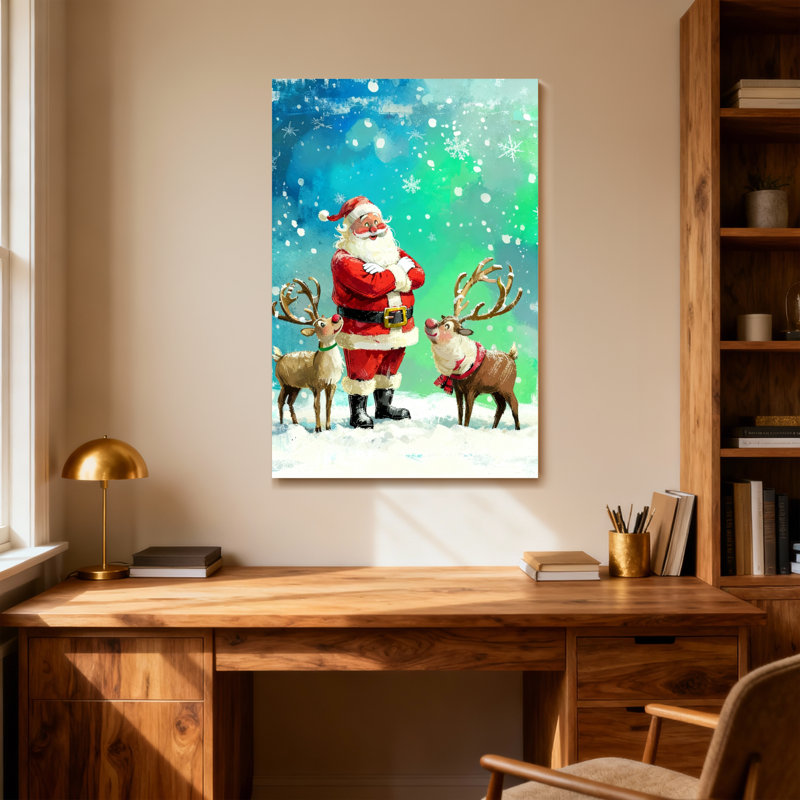 Noël père Noël avec deux rennes dans la neige, H 18 po x l 12 po