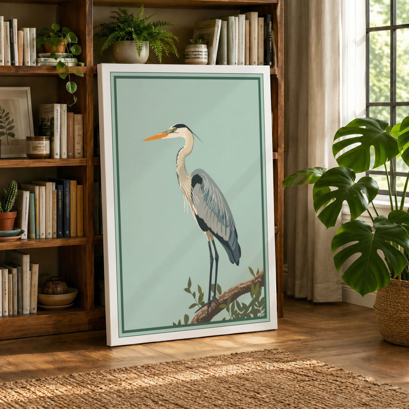 Great Blue Heron Japandi - Wrapped Canvas, 18x12 - 45.7 x 30.5 cm, Taupe Border