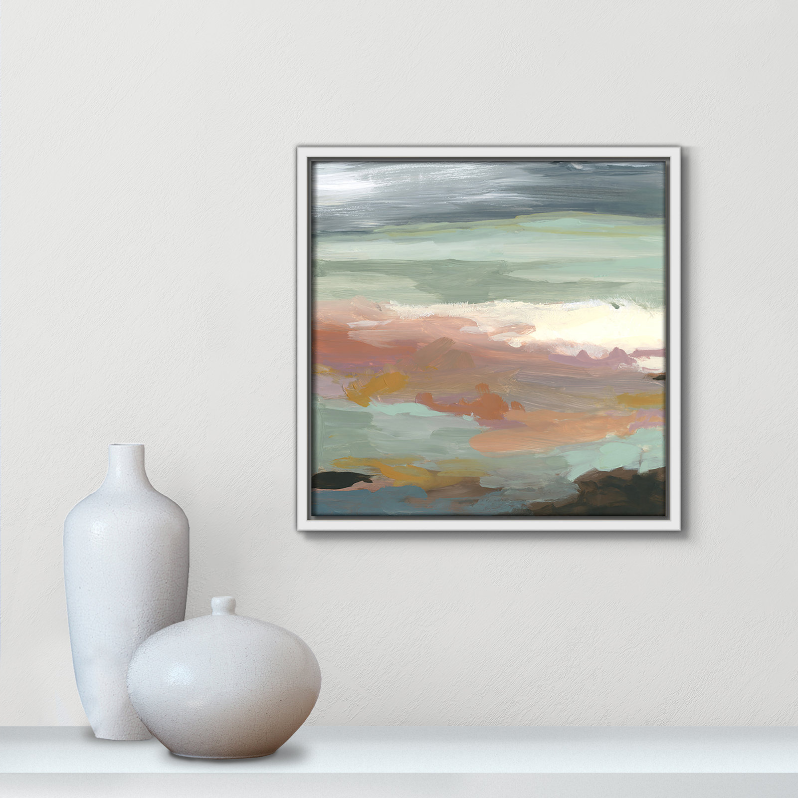Bingham "Ocean Bluffs" Painting by Carol Robinson, Picture Framed Canvas, 13.5" H x 13.5" W, White