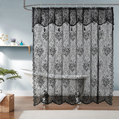 Cherrilyn Floral 84 Inches Long Black Lace Shower Curtain with Attached Valance and Tassels