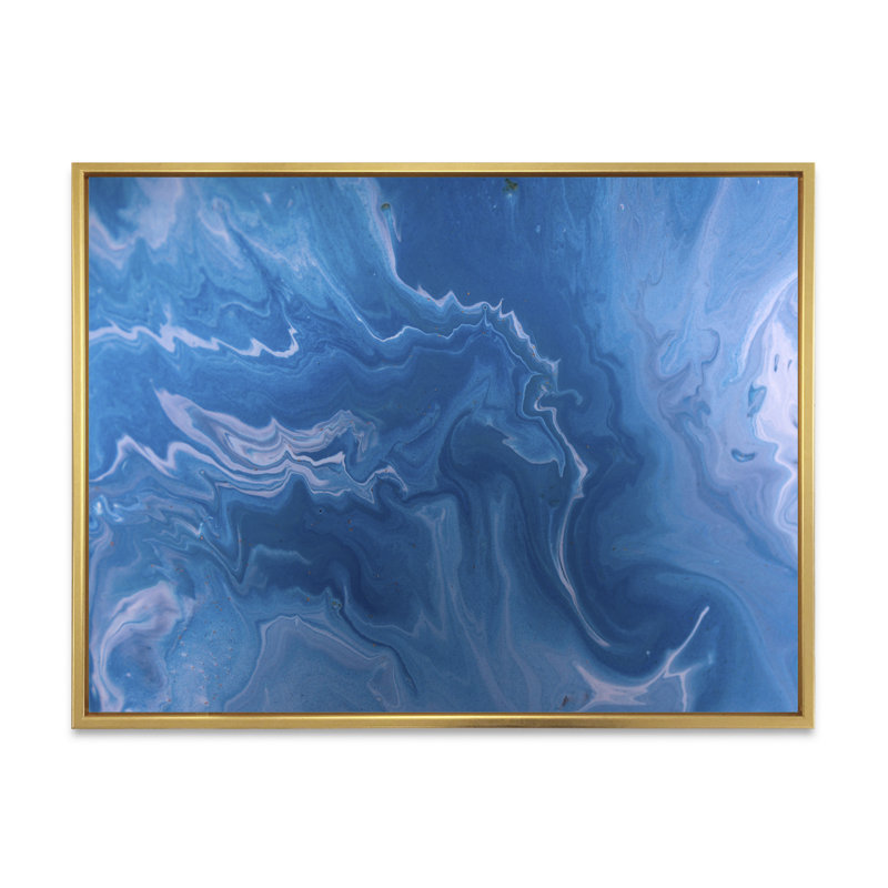Marbré bleu abstrait avec paillettes dorées - peinture sur toile, H 25 po x l 33 po, Cadre doré