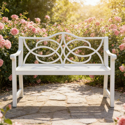 White Outdoor Garden Patio Bench – Iron Steel Frame, Backrest/Armrest, Slatted Seat (2-3 People) by Ophelia & Co.