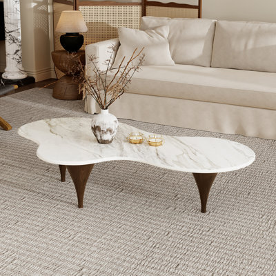 55 Inch Irregular Cloud Shaped Sintered Stone Coffee Table, Freeform Curved Coffee Table with Tapered Legs, Organic Living Room Center Table