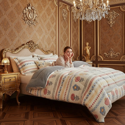Couette bohème fleurie en polaire en peluche – Linge de lit douce, chaude et confortable avec design réversible, 135 x 200 cm