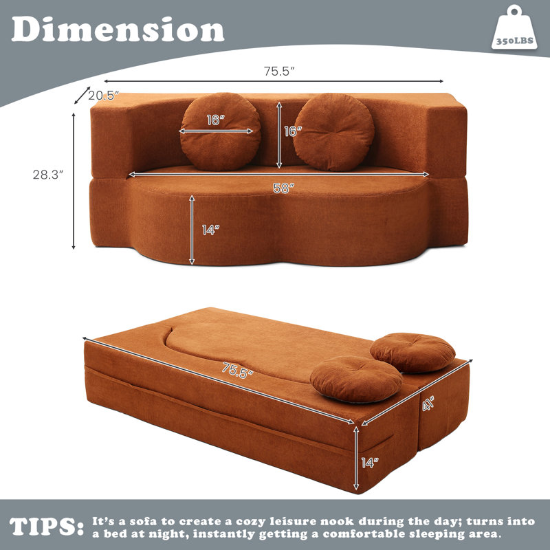 Boneless 76" Convertible Folding Sofa Bed, Twin Size Foldable Floor Futon Couch with 2 Pillow, Boneless Loveseat Couch with Linen Fabric & Foam, Modern Compression Sleeper Sofa for Living Room, Guest Use, Home Office, Apartment, Small Space