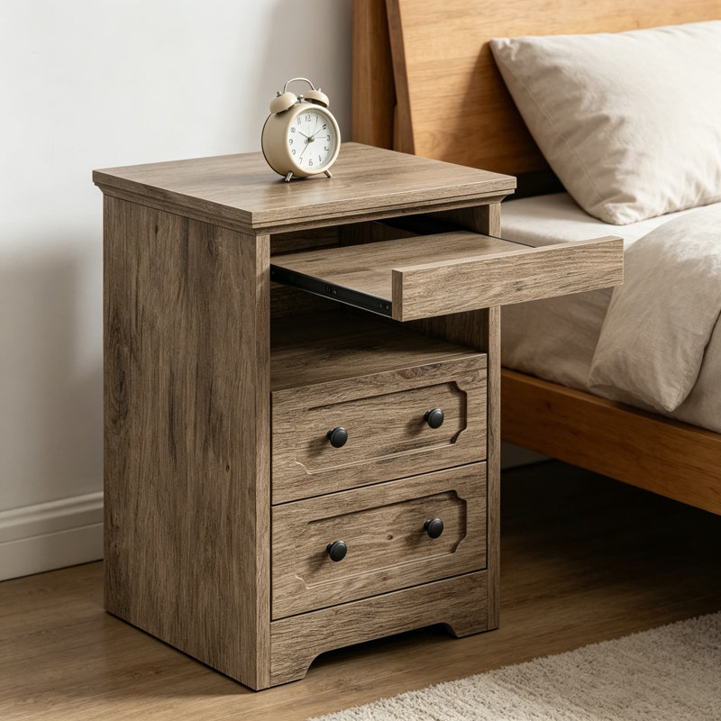 Table de chevet moderne avec 2 tiroirs, une tablette ouverte et un plateau coulissant, une table d'appoint en bois de chêne gris pour la chambre à coucher, le salon ou le bureau