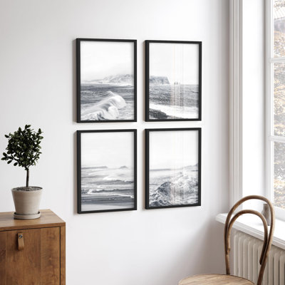 " Black & White Retro Beach Landscape Nature Wilderness Photography Artwork Decor " 4 - Pieces