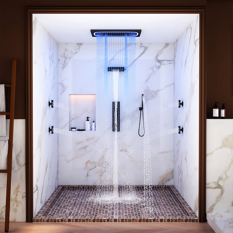 5-Function Luxury LED Thermostatic Shower System with Bluetooth Music, 4 Body Jets, Handheld Shower