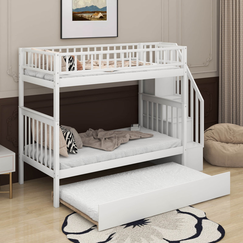Twin Over Twin Bunk Bed With Trundle, White
