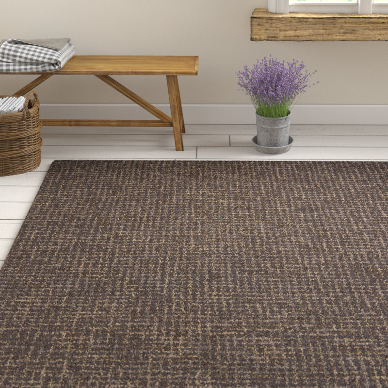 Tapis en laine hachuré à motif quadrillé gris et brun Camila Authentic, Rectangulaire 8 pi x 10 pi, Brun / Gris