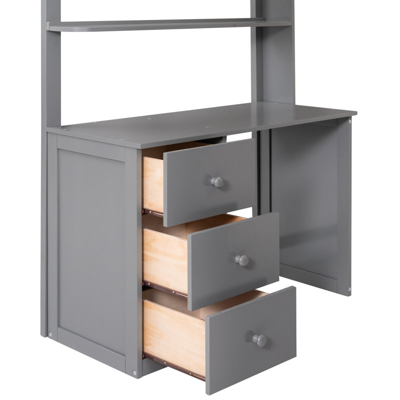 Lit mezzanine avec tiroirs, bureau et garde-robe, Gris, Lit simple