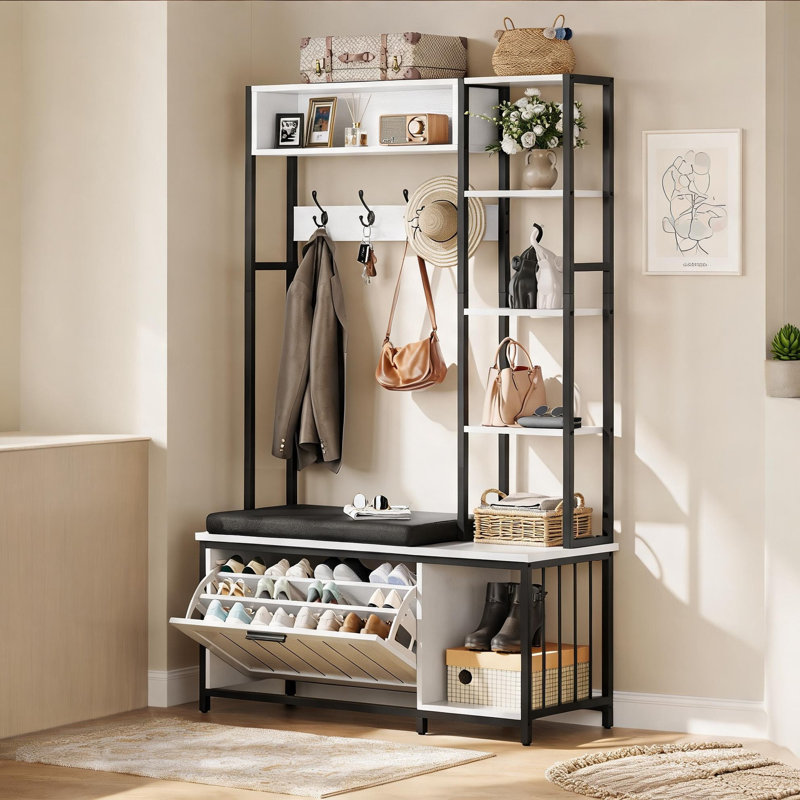 Industrial Freestanding All-In-One Hall Tree Coat Rack, Entryway Mudroom Storage, Rustic White Black-Toned Engineered Wood, 39.37L x 15.75W x 69.69H Inches