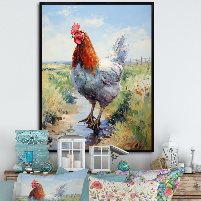 Ferme, coq, campagne, prairie II - coq, art mural, H 40 po x l 30 po x P 1,5 po, Cadre flottant noir