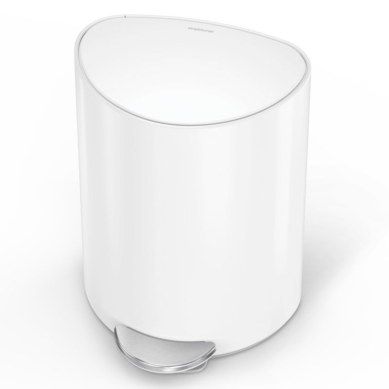 simplehuman 6 Liter / 1.6 Gallon Semi-Round Bathroom Step Trash Can, White Steel