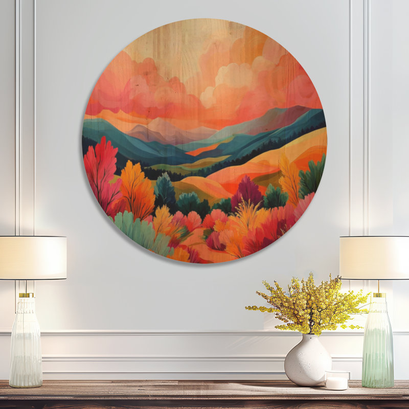 Collines ondulantes et vibrantes - Décoration murale ronde en bois rose, Rond 36 po, Rond