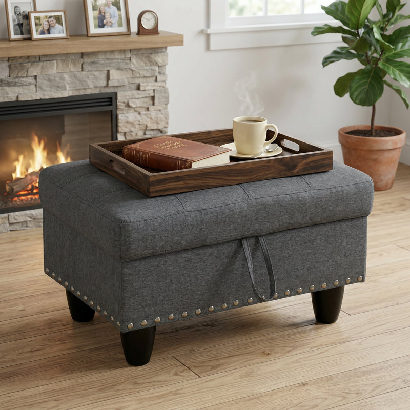Repose-pieds de rangement gris avec clous décoratifs en cuivre | Tissu durable | Cadre en bois massif