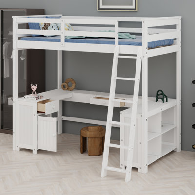 Structure de lit en bois massif avec tablettes de rangement, armoire, bureau en U et 2 tiroirs