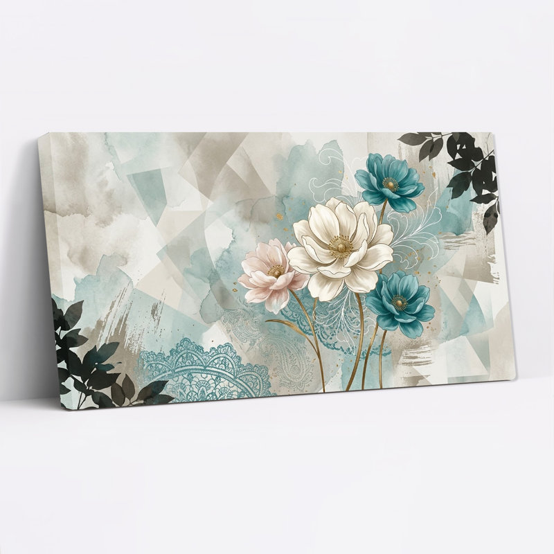 Toile murale abstraite à l'aquarelle avec des fleurs blanches et turquoise, L 32 po x H 16 po