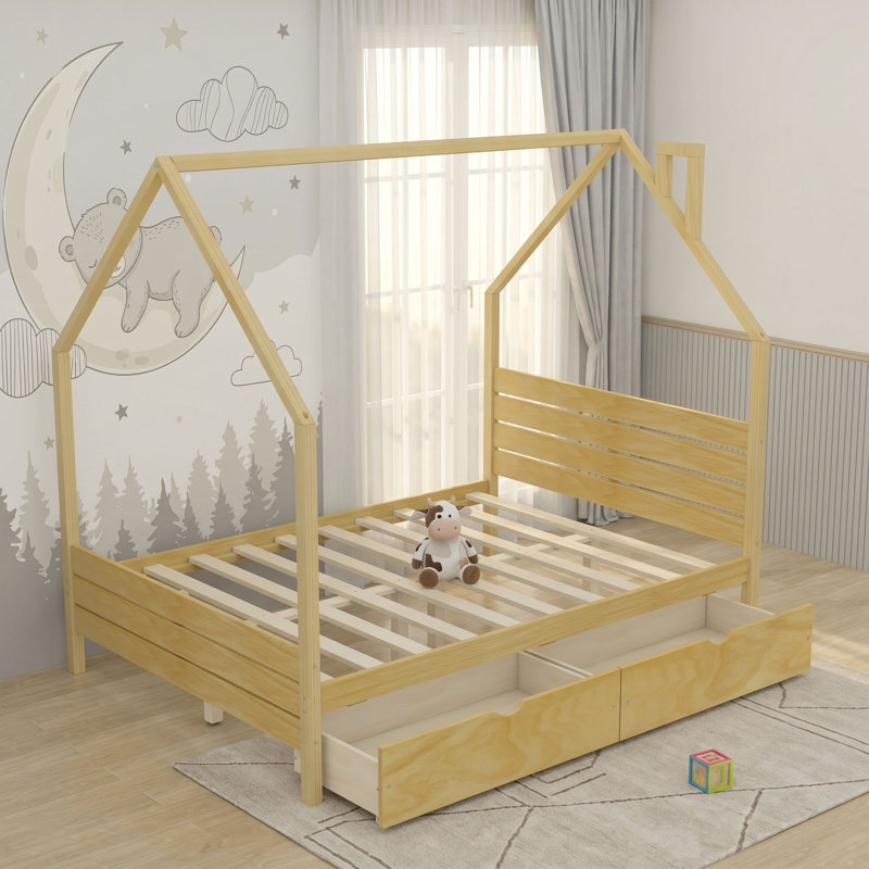 Lit en bois avec tiroirs de rangement, Full, Naturel