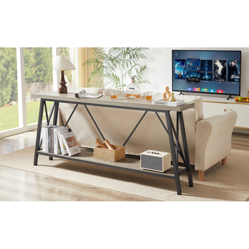 Très longue table de canapé avec tablettes de rangement à deux niveaux, idéale pour les couloirs, les salons, les vestibules et les entrées, offrant beaucoup de rangement et une fabrication robuste