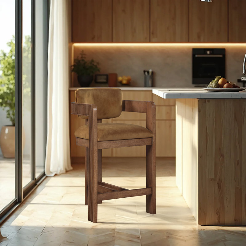 Tabouret rembourré Sacha Howley, Velours, Brun, Selle de cuir