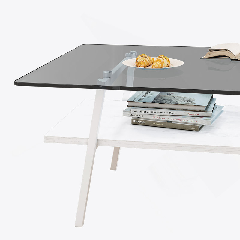 Table basse rectangulaire, plateau de table en verre trempé avec pieds en métal, Blanc