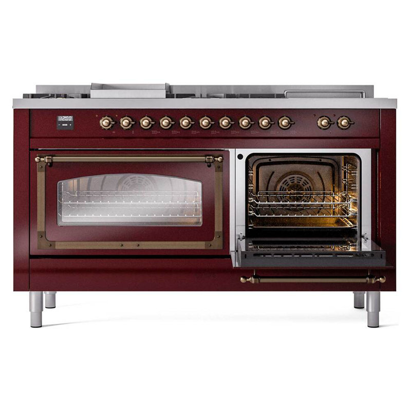 ILVE Nostalgie II Noblesse 60 in Dual Fuel Range 7 Burner, Griddle, Frenchtop, Burgundy/Burnished, Natural Gas