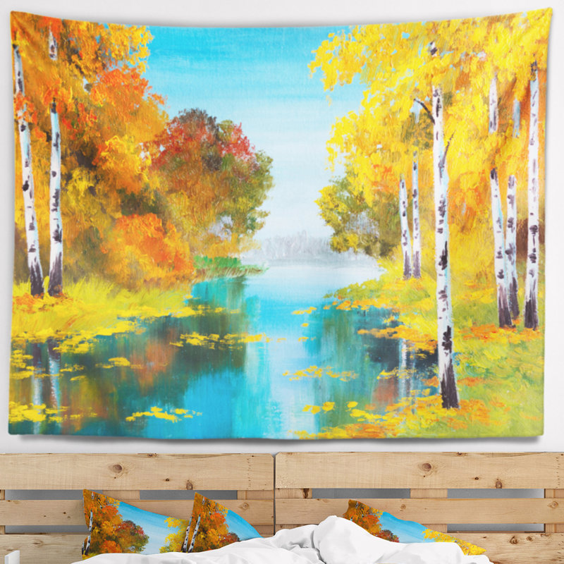 Forêt de bouleaux de paysage près de la tapisserie de la rivière, H 68 po x l 80 po