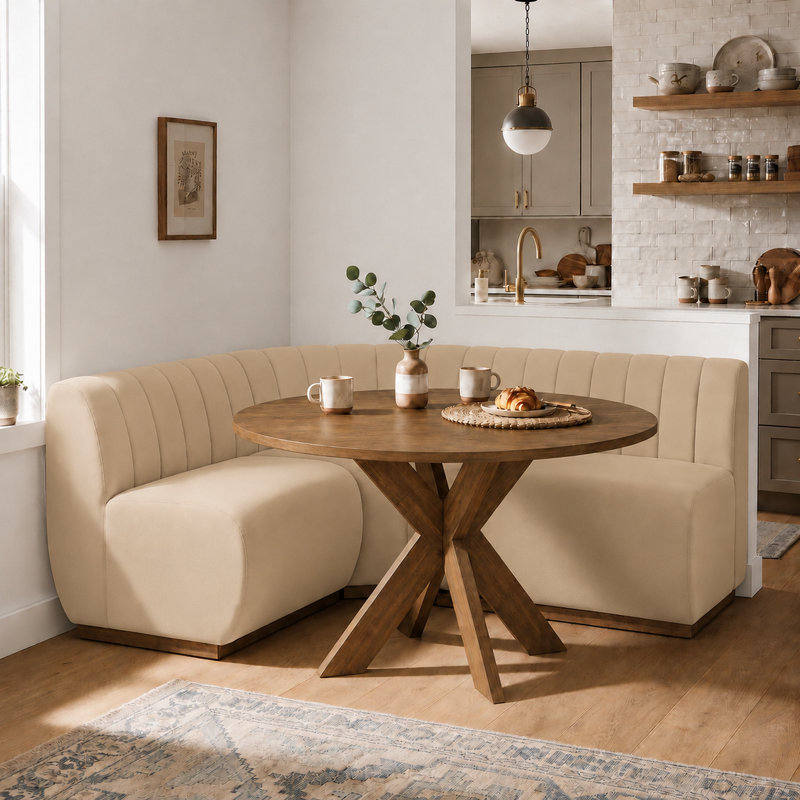 Ensemble de coin-repas moderne en L avec table de salle à manger en verre, Bois, Chameau