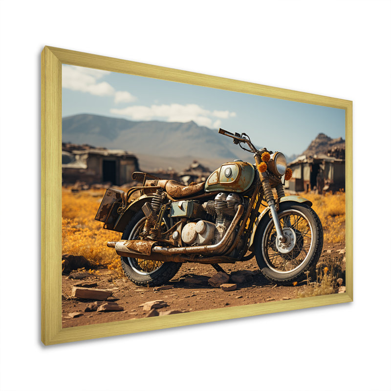 Rustic Adventure - Moto - Décoration murale moto, H 24 po x l 32 po x P 1 po, Cadre doré simple