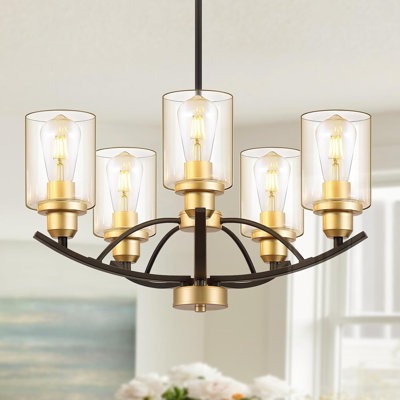 5-Light Glass Chandelier With Wrought Iron Frame, Modern Industrial Black And Gold Pendant Lighting For Kitchen Island, Dining Room, Foyer & Living Room