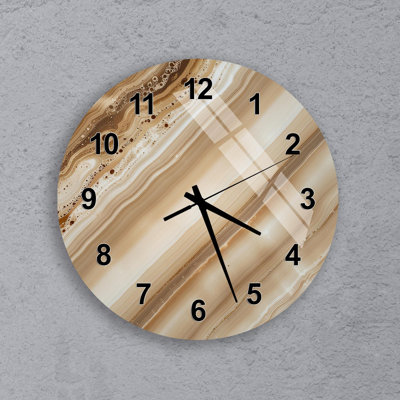 Brown Agate Wall Clock, Tempered Glass Art, Modern Marble Stone Decor, Large Round Timepiece, Beige Abstract Housewarming Gift