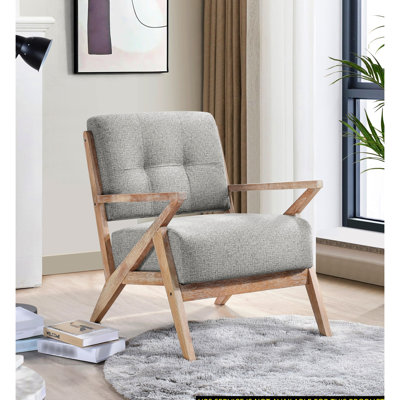 Fauteuil d'appoint gris, revêtement texturé, structure en bois d'hévéa massif, dossier de 68,5 cm de profondeur, assise de 57 cm de largeur, hauteur de 82,5 cm, profondeur de 70 cm, style rustique moderne