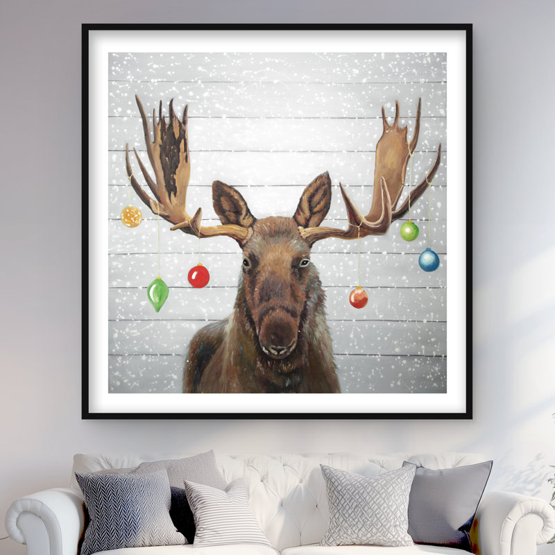 «Moose has Christmas Balls - Deer Animals», reproduction d'art encadrée, H 48 po x l 48 po