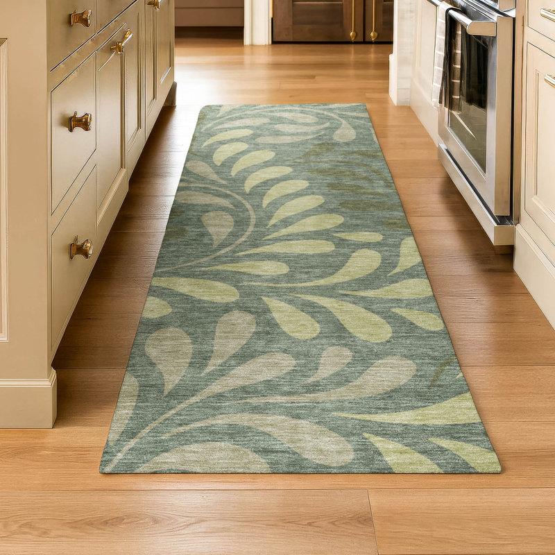 Premium Machine Washable Mayfield AMF2411 Floral Rug, Basil, 2'3" x 7'6" Runner