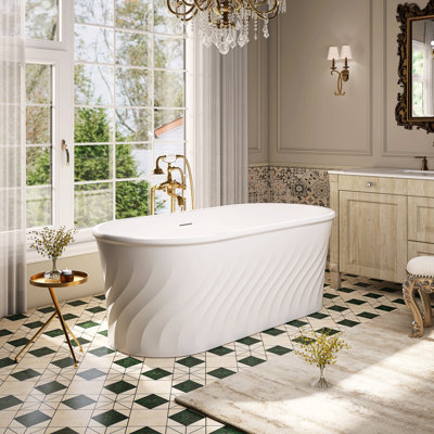 Baignoire autoportante moderne cannelée en acrylique NURCOLIN 170 x 78 cm, blanc mat