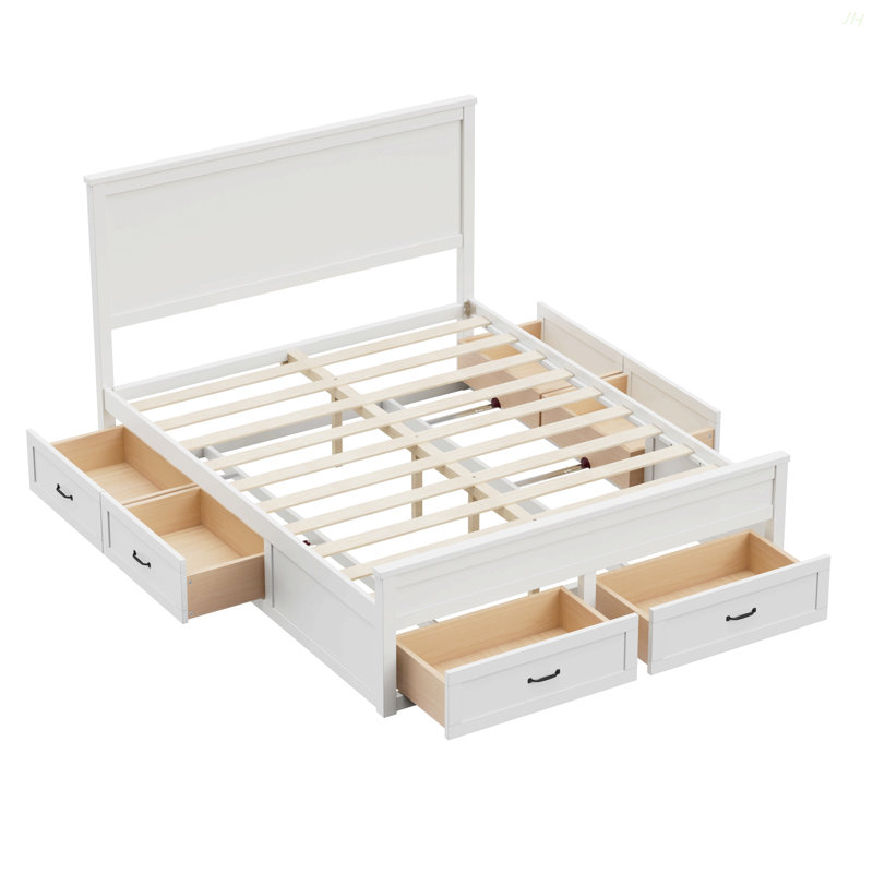 Structure de lit moderne avec 6 tiroirs, lit plateforme avec support à lattes en bois, pas de sommier tapissier requis, Blanc