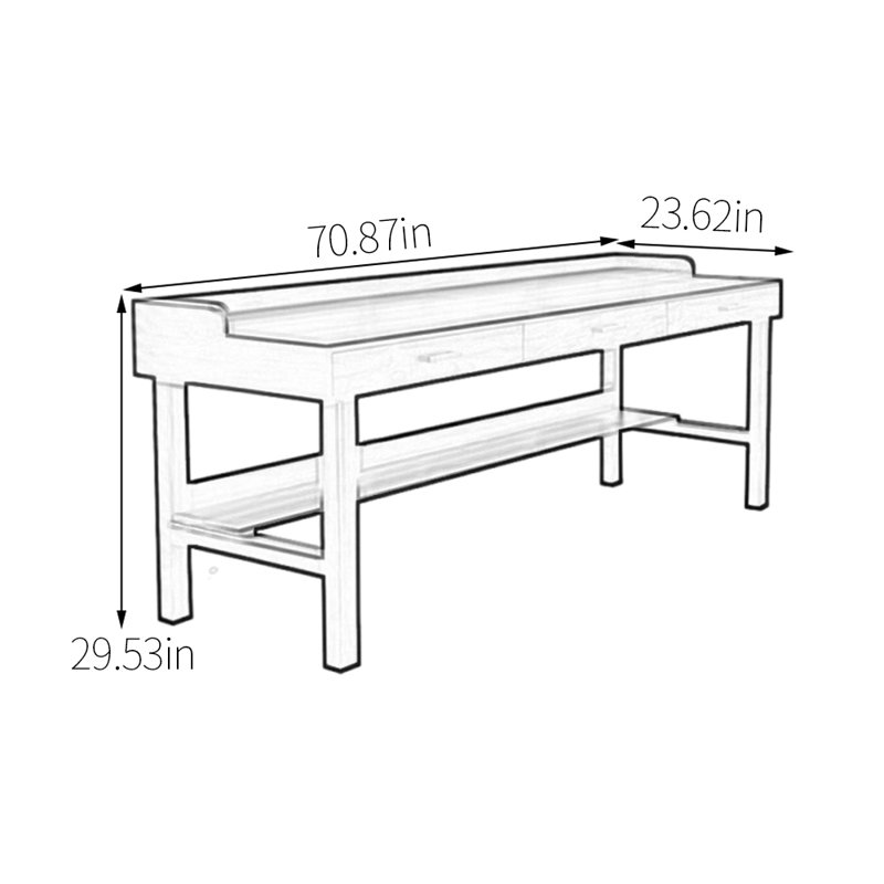 Bureau d'artisanat en bois de noyer massif, H 29,53 po x l 70,87 po x P 23,62 po