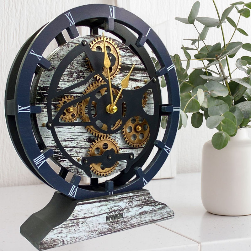 Desk wooden Clock Round 10 inches with Real Moving Gears (Transformable into a Wall Clock - detachable base) Canada Collection