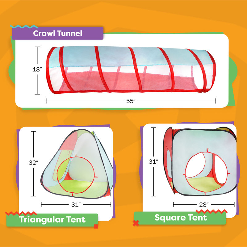 4-Piece Kids Pop-Up Tent, Cube, and Tunnel Set for Indoor and Outdoor Use Colorful Playhouse with Carrying Case
