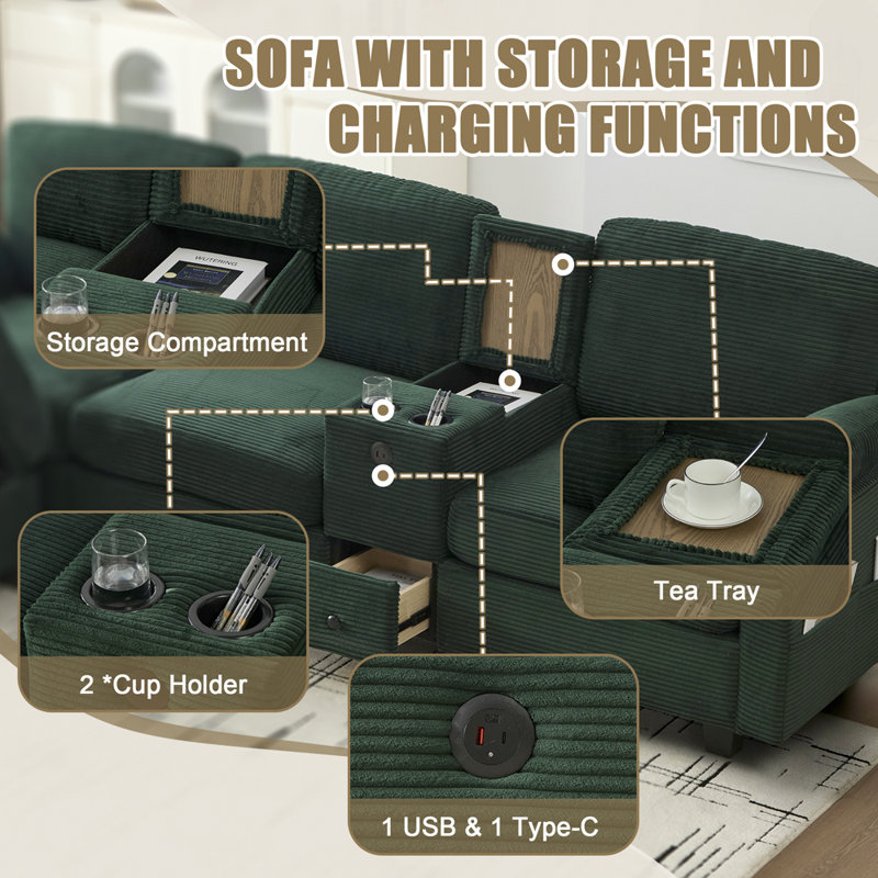 Modular Corduroy Lounge Sofa, Emerald Corduroy