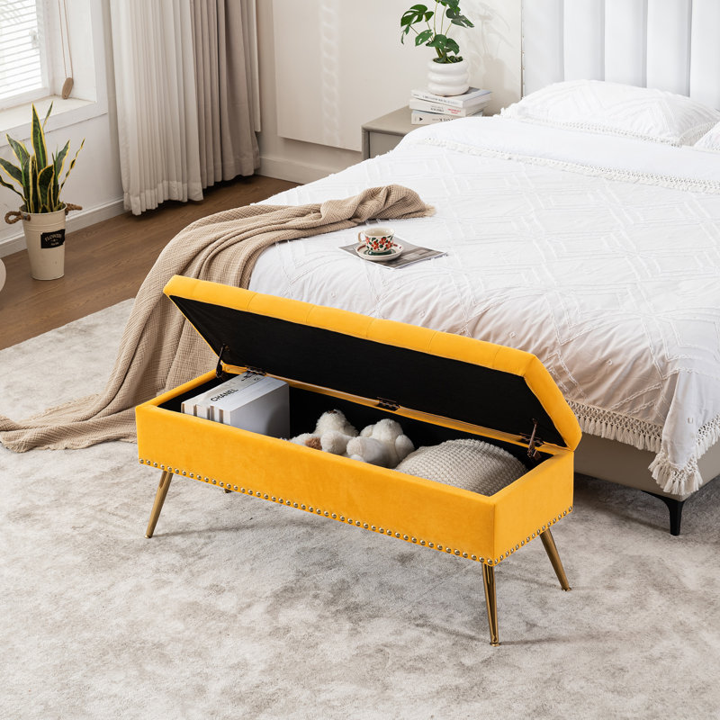 Velvet Storage Bench with Gold Legs Nailhead Trim, Upholstered Bedroom Bench for End of Bed, Yellow, 18" H x 46" W x 15.5" D