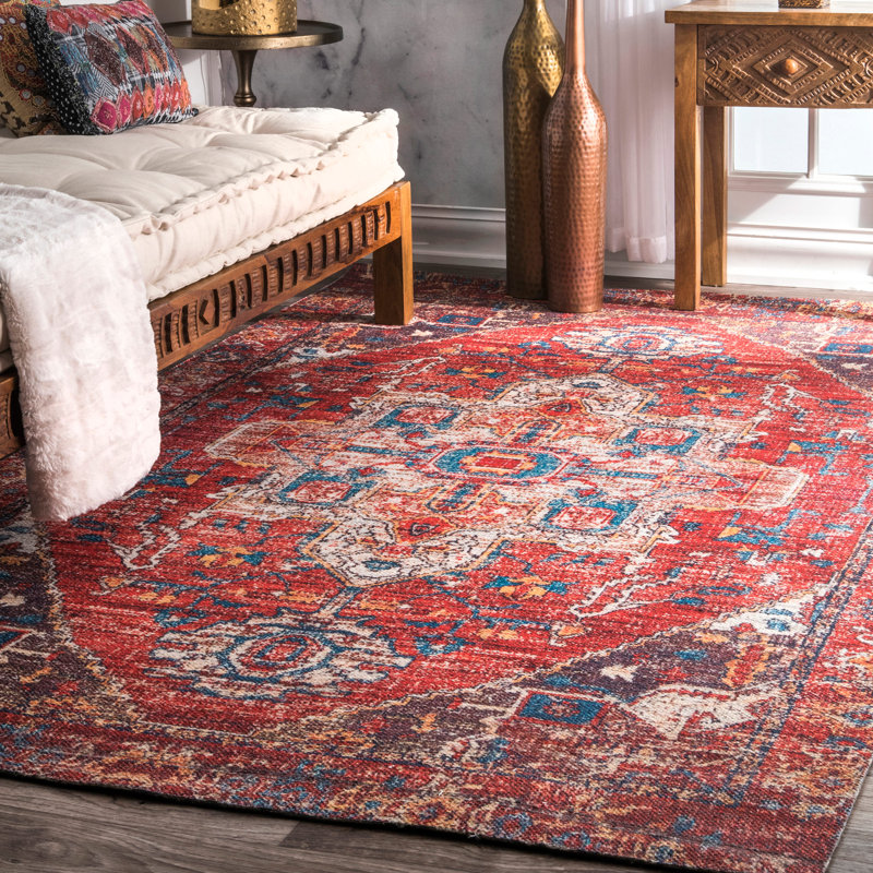 Tapis floral rouille tissé à la main et à plat, Rectangle 4 pi x 6 pi